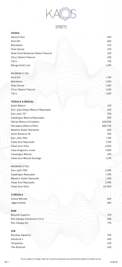 Kaos Bottle Menu Kaos Las Vegas Bottle Menu